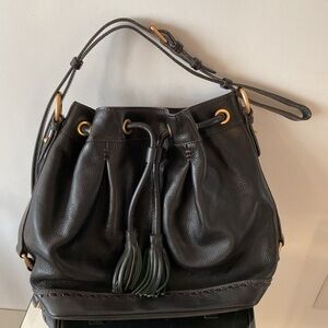 Dooney & Bourke Florentine  Black Leather Drawstring Bucket Bag Purse VTG MINT
